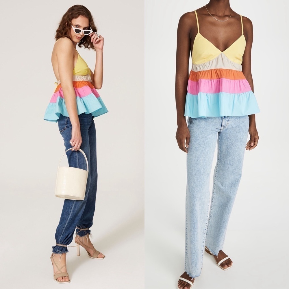 STAUD Colorblock Rainbow Stripe Sleeveless V-Neck Tiered Ruffle Babydoll Top‎ S - Picture 11 of 13